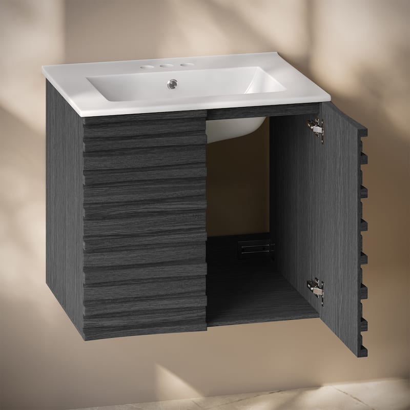 Cascade 24" Wall-Mounted Bathroom Vanity In Black Oak With 3-Hole Centerset Sink Top - 24