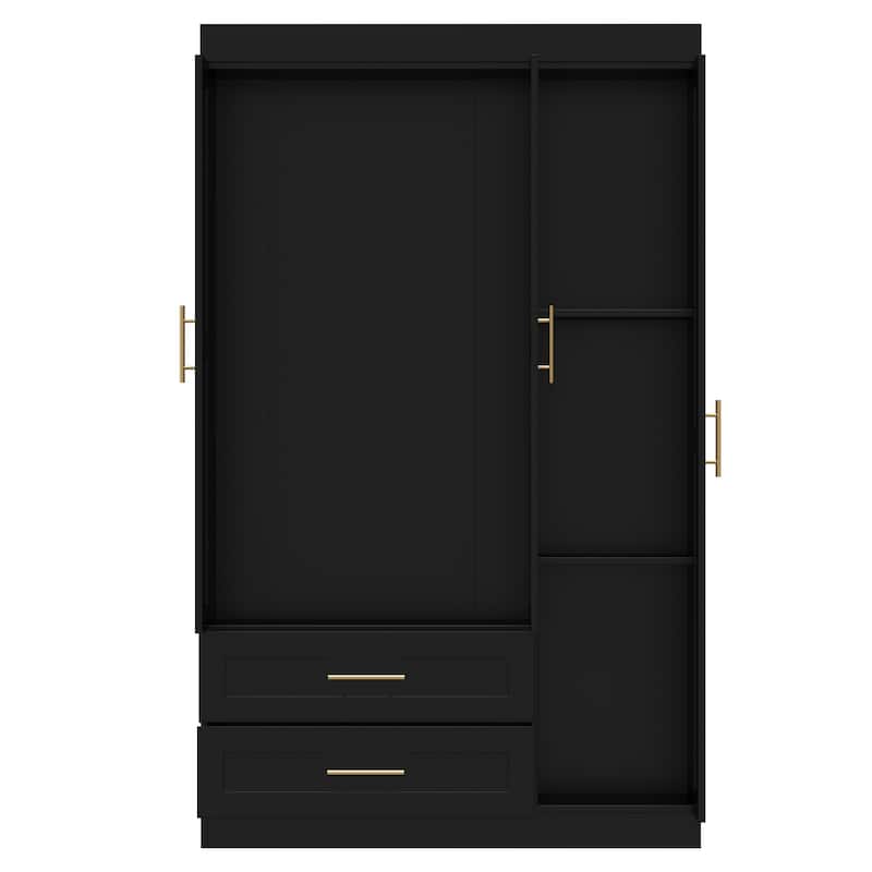 Classic Three-Door Wardrobe,Wood Bedroom Armoire with Hanging Rod and Shelves,Spacious Storage Closet,Modern Farmhouse Design - Black