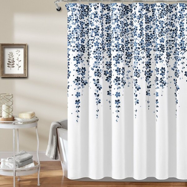 Polyester Shower Curtain White Navy Floral 72