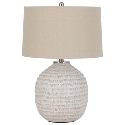 Textured Ceramic Frame Table Lamp with Fabric Shade, Beige and White