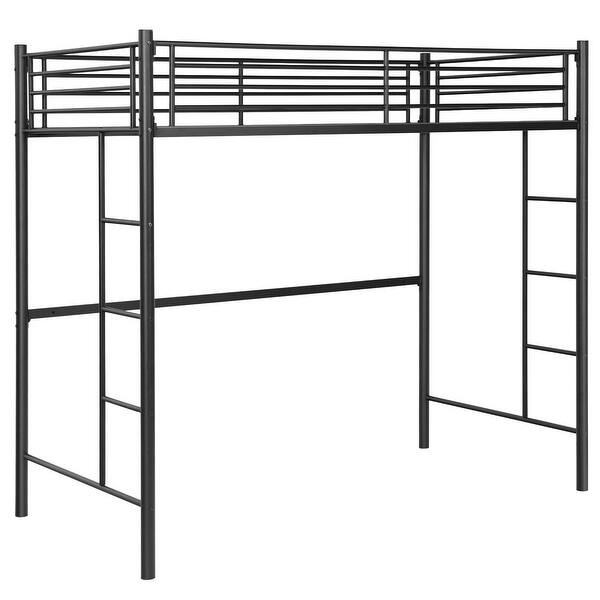 slide 2 of 9, Gymax Twin Metal Loft Bed Frame w/ 2 Ladders Full-length Guardrail Black - Twin