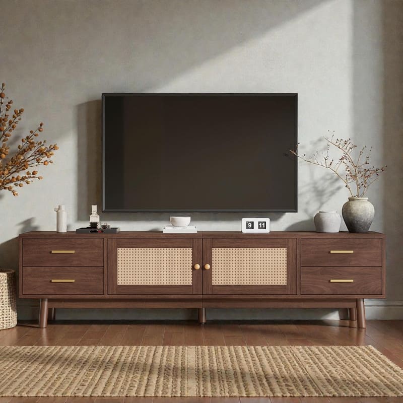 70" Modern TV Stand for TVs up to 80", Media Console with Rattan Doors, 4 Drawers, Cable Management & Storage