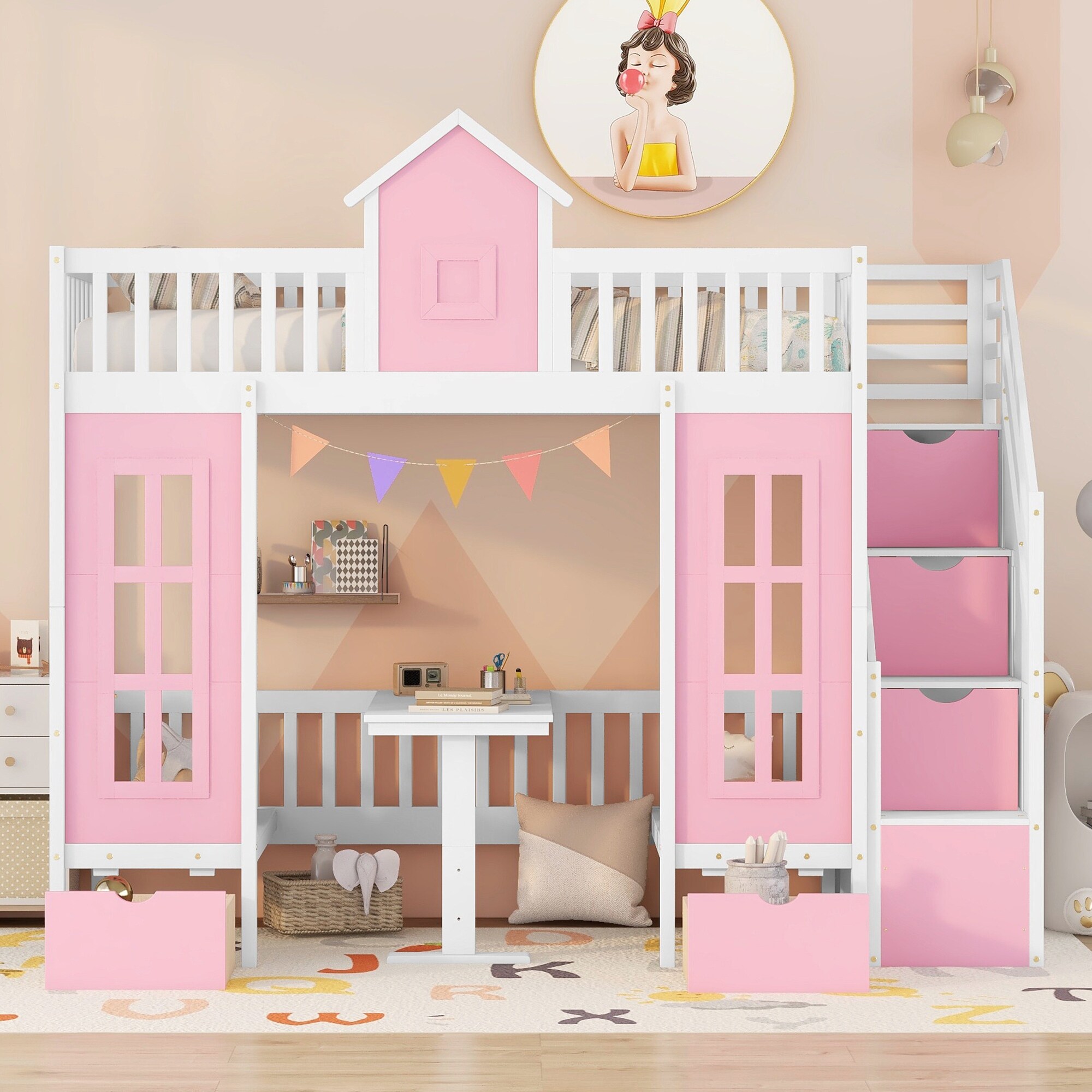 Pink Twin over Twin Bunk Bed with Upper Bed Desk