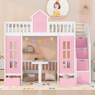 Twin-Over-Twin Bunk Bed with Changeable Table, Bunk Bed Turn into Upper Bed and Down Desk -Pink