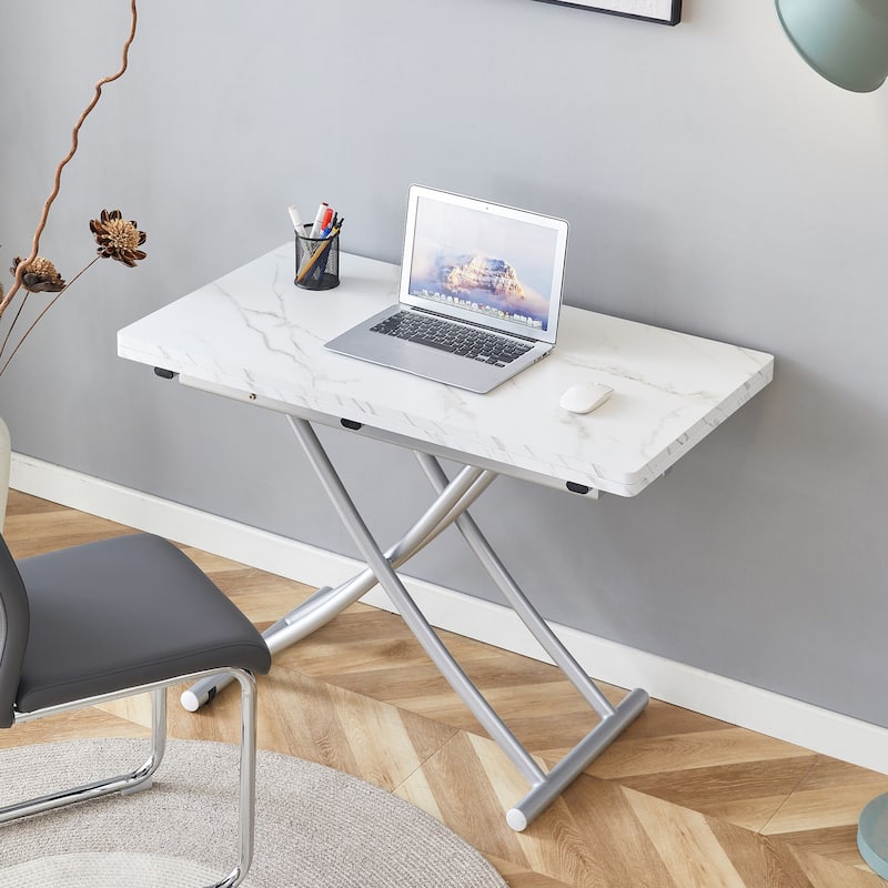 Roomfitters Lift Top Table with 0.8" MDF Surface and Silver Metal Legs, Modern Desk for Dining or Work Use, White+Silver - White+Silver
