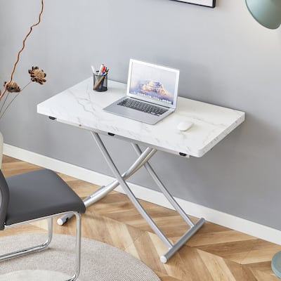 Roomfitters Lift Top Table with 0.8" MDF Surface and Silver Metal Legs, Modern Desk for Dining or Work Use, White+Silver