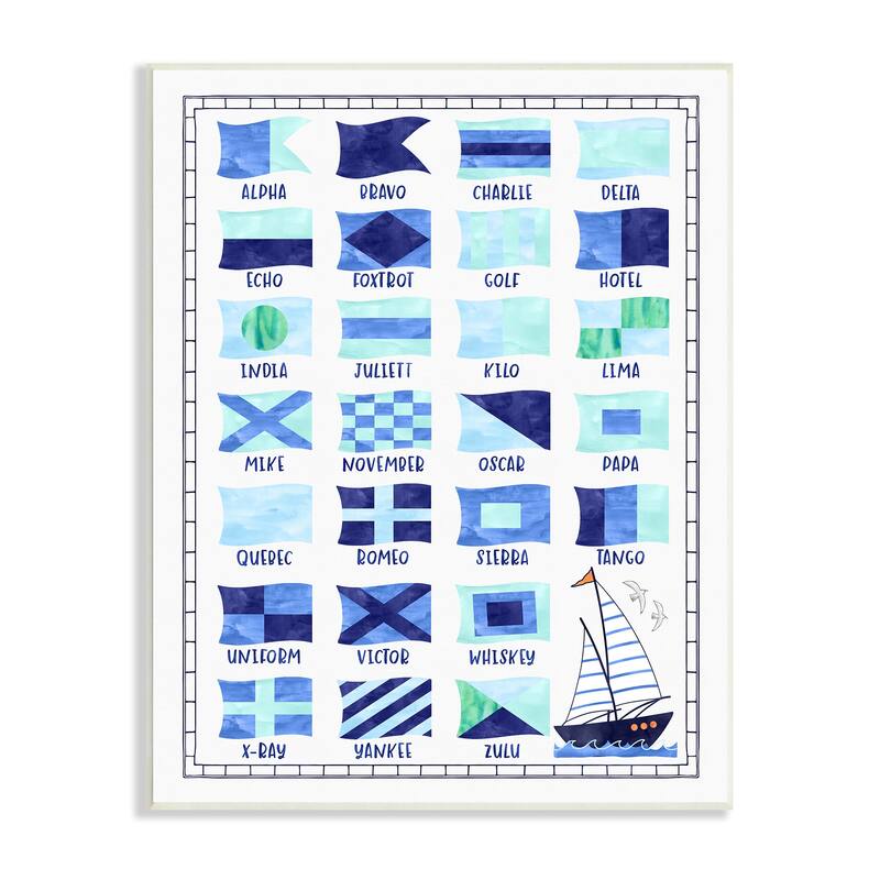 Stupell Blue Nautical Flag Sailing Maritime Symbols Chart Wood Wall Art - White - 10 x15
