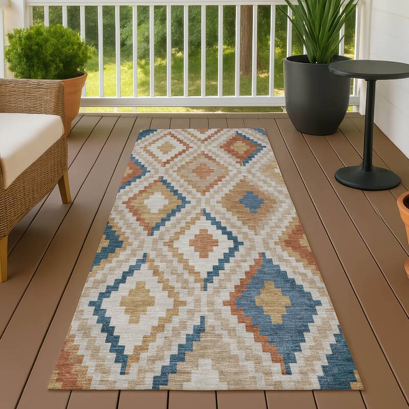 Machine Washable Indoor/ Outdoor Global Geo Chantille Rug - Beige - 2'3" x 7'6"