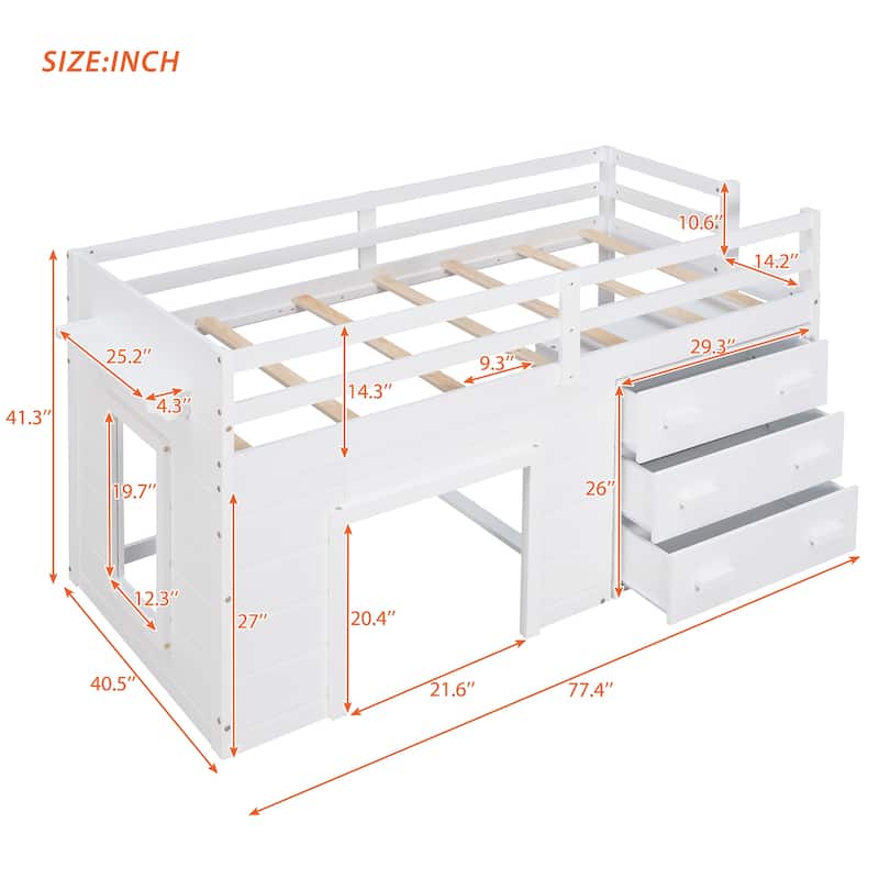 Twin Size Loft Bed with Cabinet and Shelf - White