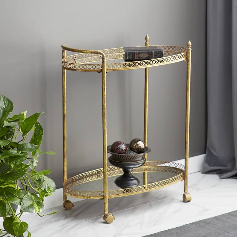 Metal Rolling Oval 2 Shelf Bar Cart with Vintage Inspired Details - Gold or Brass - Roche River Decor