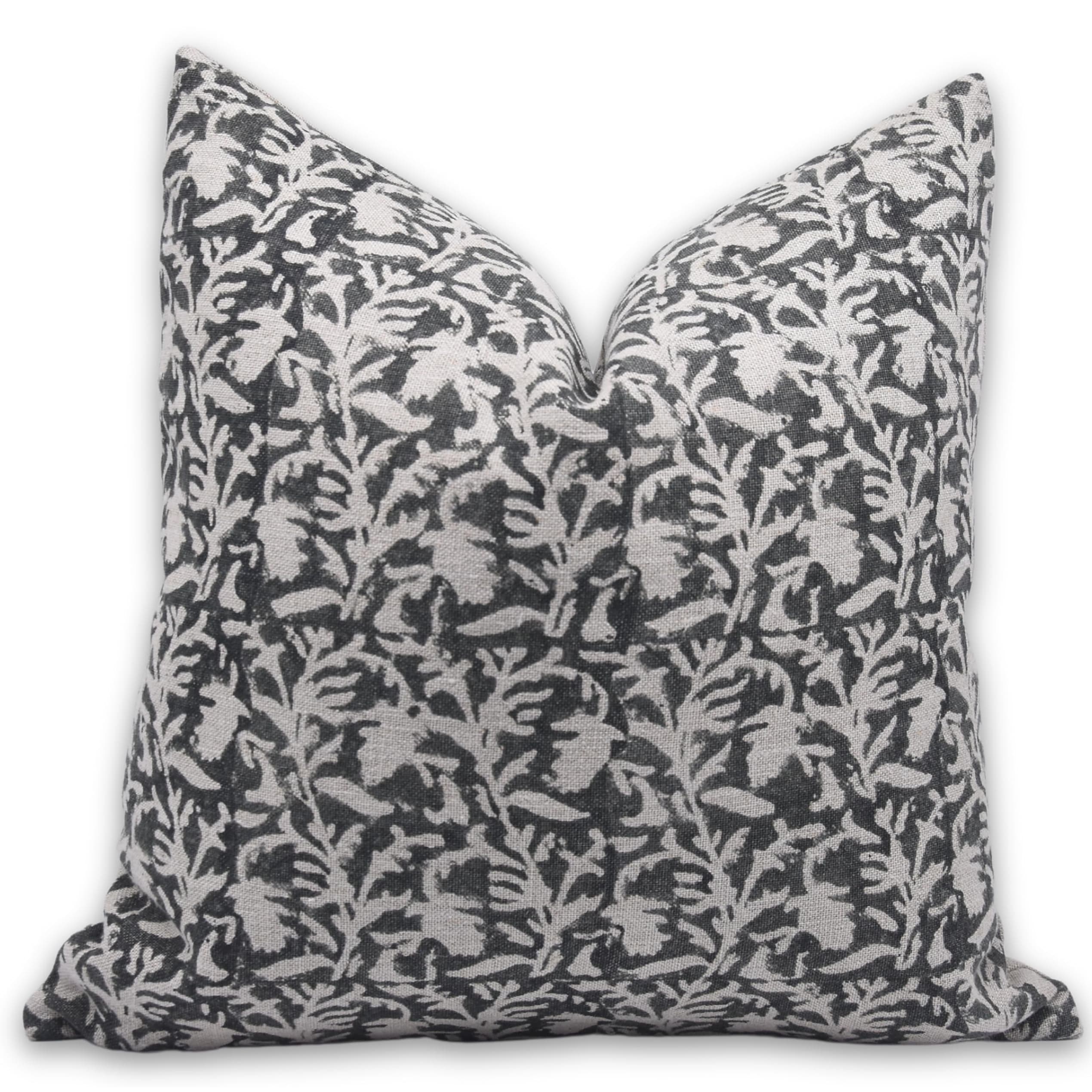 Fabdivine Black Floral Hand Block Heavy Linen Fabric Pillow or Cushion Cover, Amavasya