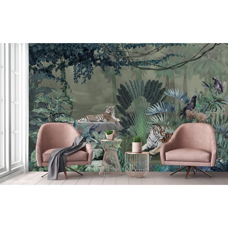 Exquisite Jungle Wallpaper Mural Tigers Tropical Flora Exotic Birds
