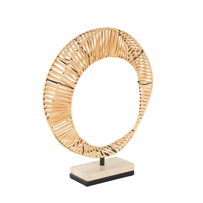 Brown Rattan Handmade Mobius Strip Inspired Abstract Sculpture with White Marble Base
