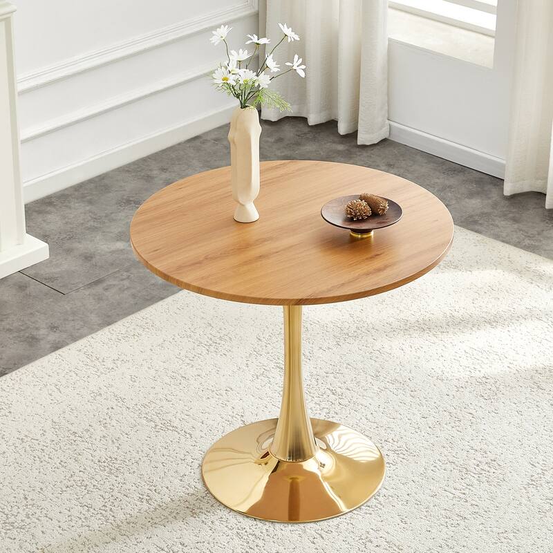 Round Thickened Table Top Coffee Table, Metal Pedestal Side Table Modern Bistro Table - Wood Gold - 31.5"