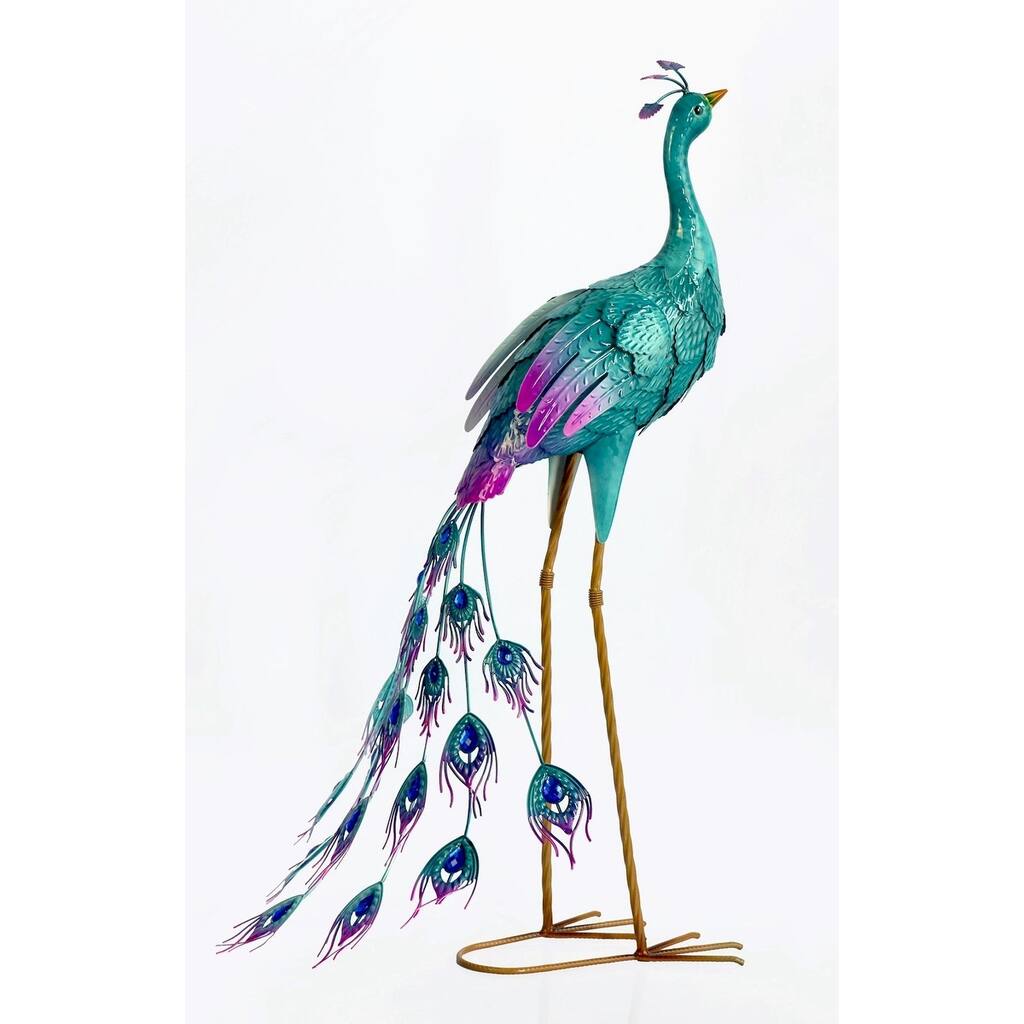 Turquoise And Purple Tail Down Peacock Garden Statue