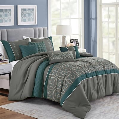 7 Piece Comforter Set Green Grey Embroidery Soft Bedding