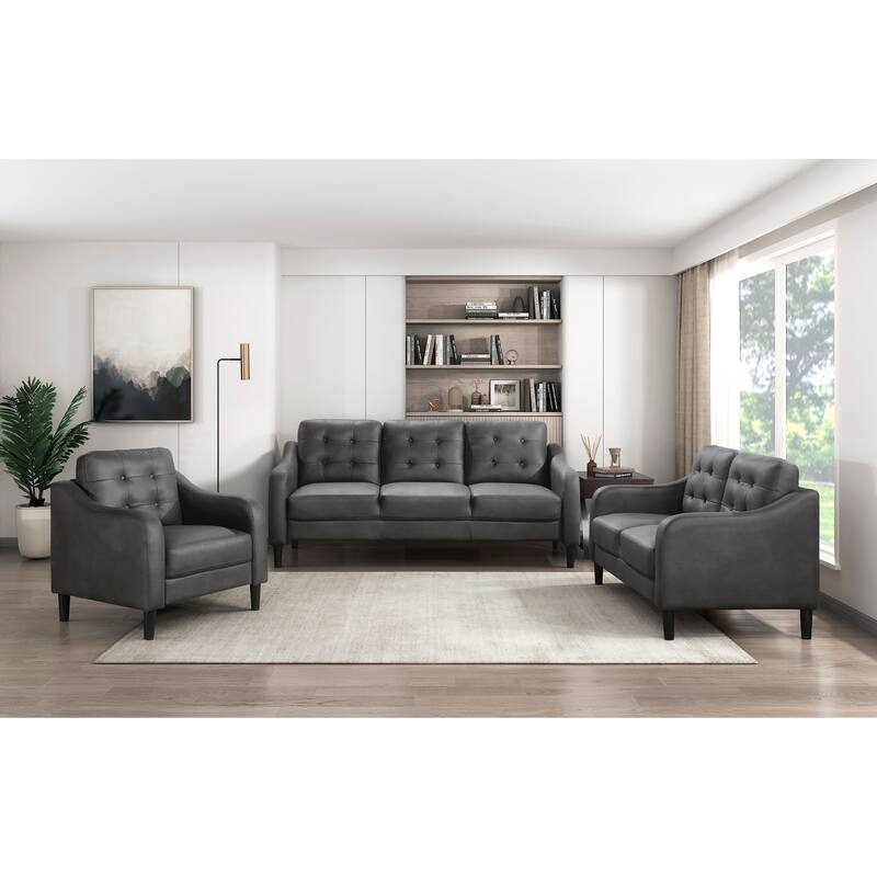 Gray Polished Microfiber Upholstered Button Tufted Sofa with Solid Wood Frame