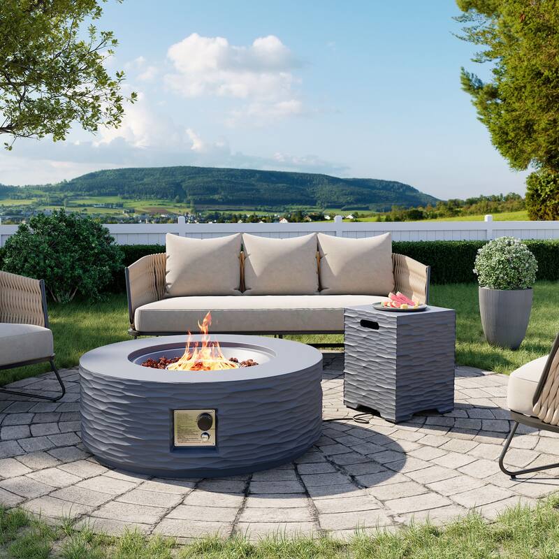 COSIEST 35" Round Concrete Fire Pit Table with Lava Rocks & Weatherproof Cover - Gray with Tank