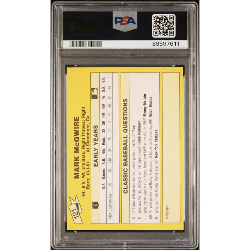 Mark McGwire 1987 Classic Travel Yellow Back Rookie Card #121 Auto PSA 10 597611 - 8'6" x 11'6"