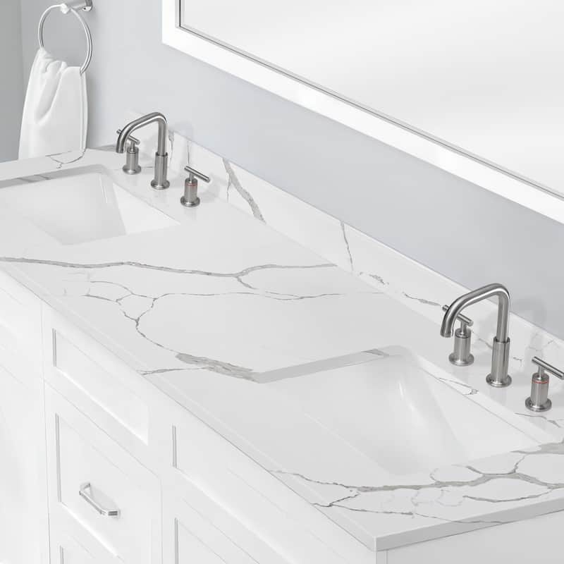 Bath Vanity Quartz Overhand Top with Rectangular Sink Backsplash Sidesplash Included in Calacatta Sevella