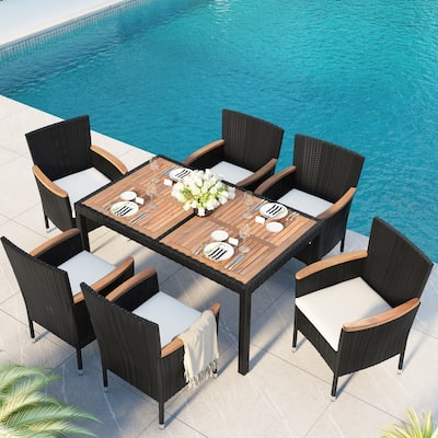 7Pcs Patio Dining Table Set, Stackable Armrest Chairs with Cushions