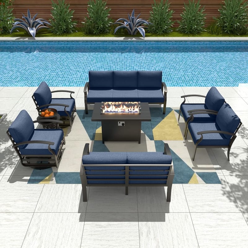 Aluminum Patio Furniture Set with FirePit Ottomans Swivel Chairs,Sectional Sofa with Thick Seat Cushions for Porch Garden - 9-Seats w/Swivel - Navy Blue