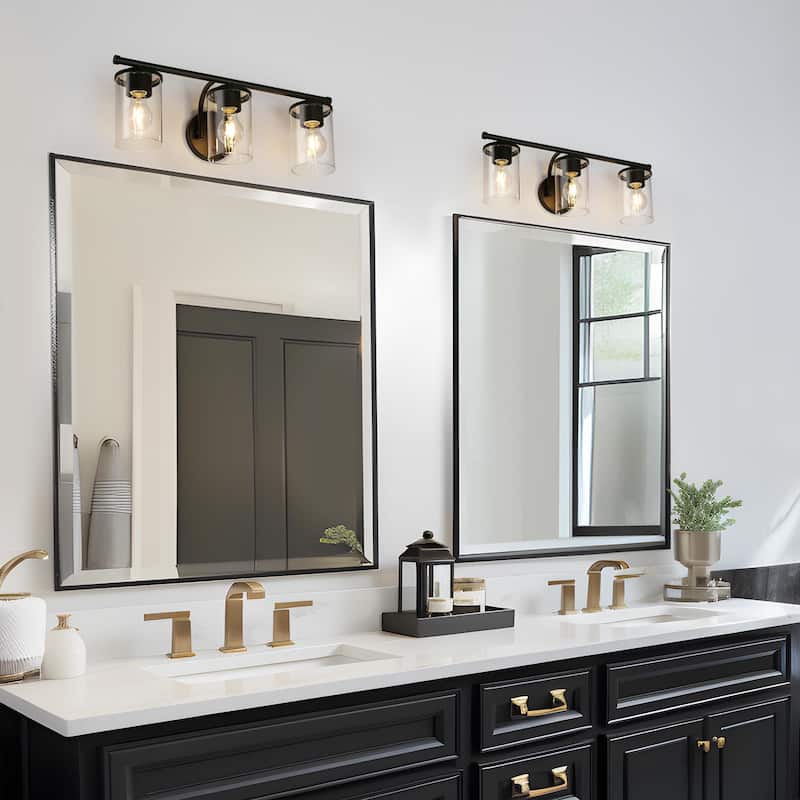 Modern Farmhouse 3-Light Black Bathroom Vanity Lights Glass Wall Sconces - W 21.6" x L 7.8" x H 6.7"