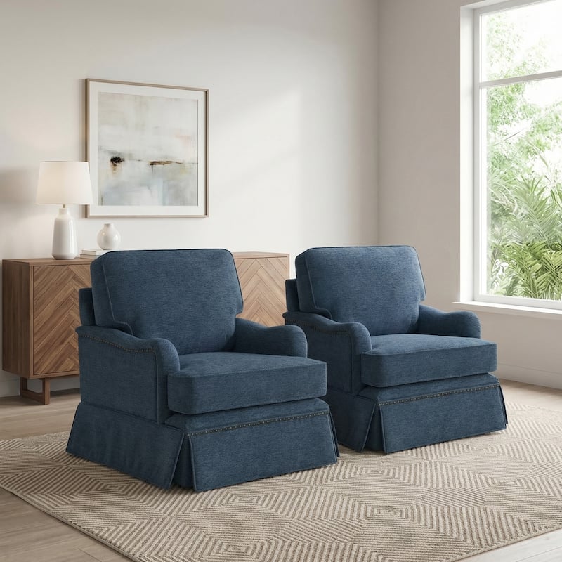 Set of 2 Chenille Swivel Accent Chair with Nailhead Trim Skirt
