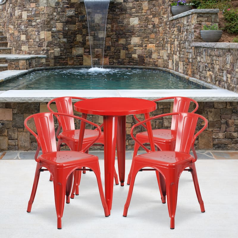 24'' Round Metal Indoor-Outdoor Table Set with 4 Arm Chairs