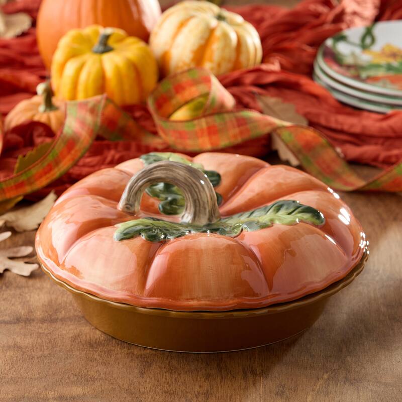 Certified International Harvest Fields 3-D Pumpkin Covered Pie Carrier - 10.50"L x 10.50"W x 5.25"H