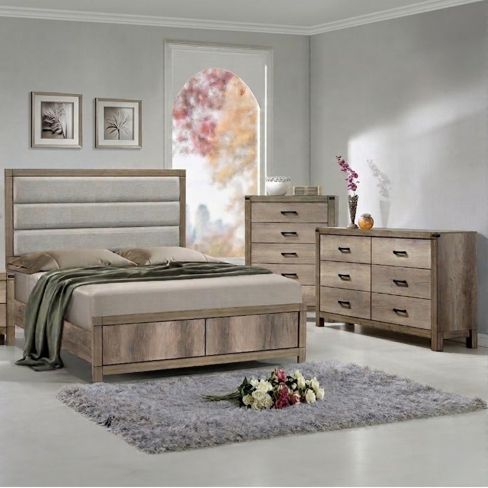 Weathered Gray Finish Panel Upholstered Bed Chest Dresser Set 3pc Bedroom Furniture