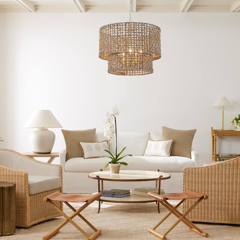 5-Light Metal 2-Tier Traditional Linear Drum Chandelier Pendant Light with Rattan Shade for Kitchen Island Dining Room