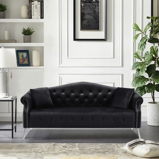Black Chesterfield Velvet Sofa, Curved Backrest, Button Tufted - Bed ...