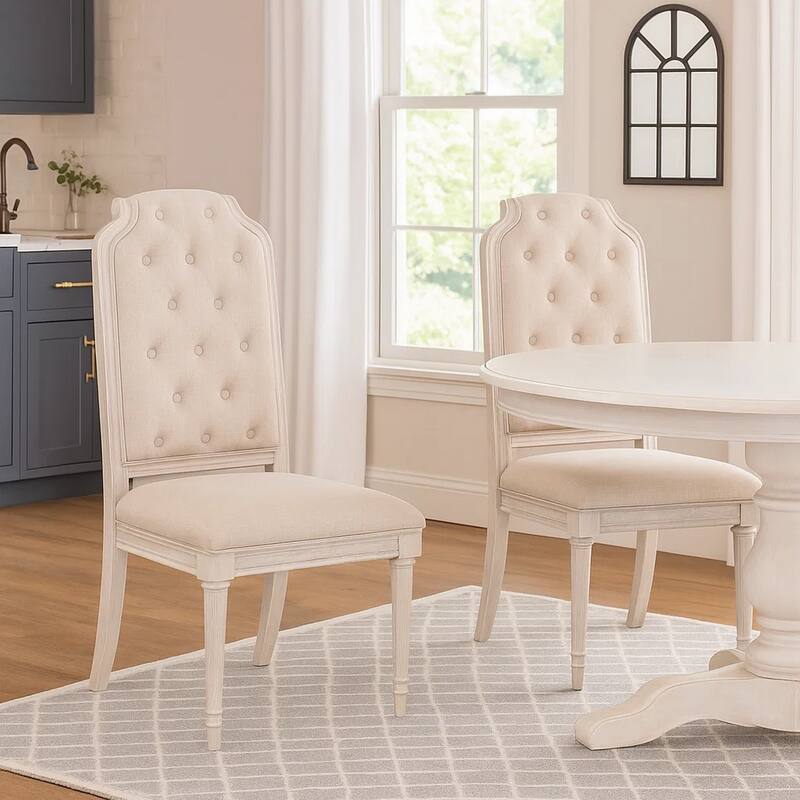 Side Chair with Tapered Legs and Button Tufted Back, Set of 2, Beige