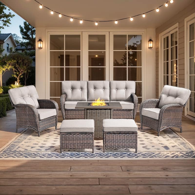 Pocassy Ooutdoor Fire Pit Table with Sofa Patio Chair Ottoman Set - Brown Wicker & Beige cushion