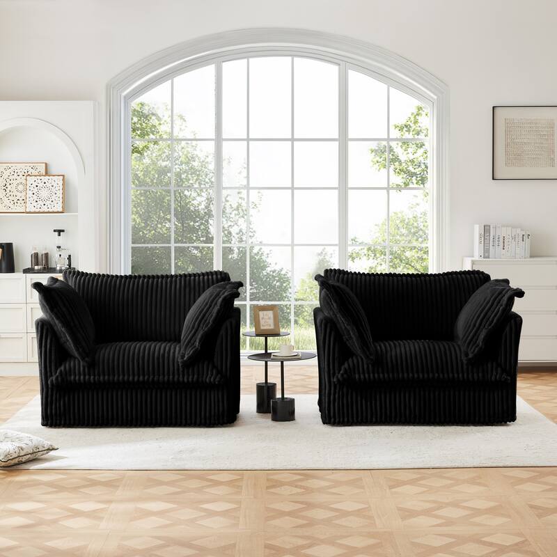 Living Room Chairs Set of 2, Oversized Reading Chair, Corduroy Upholstered Armchair with Deep Seat for Bedroom Reading Spaces - Black