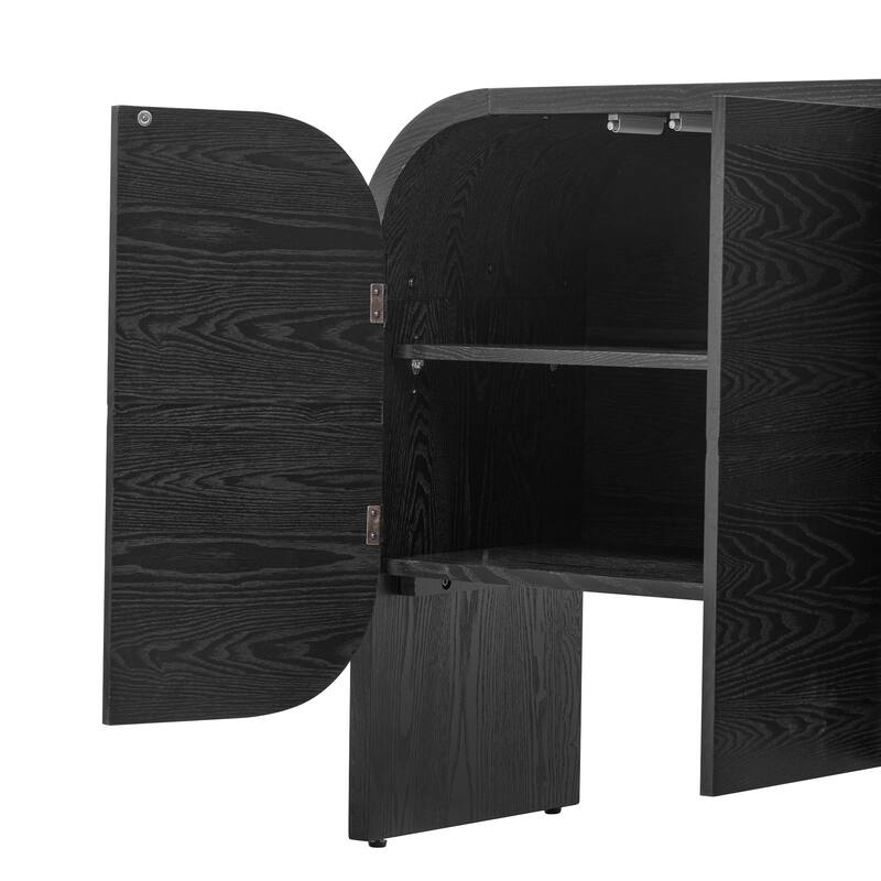 Retro 4 Doors Buffet Cabinet Curvy Edg Sideboard Cabinet with Adjustable Shelves, for Living Room, Kitchen, Black