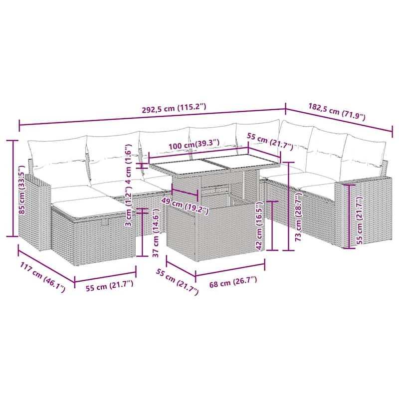 vidaXL Patio Sofa Set with Cushions and Table Outdoor Garden 9 Piece Poly Rattan - 24.4" x 24.4" x 27.2"