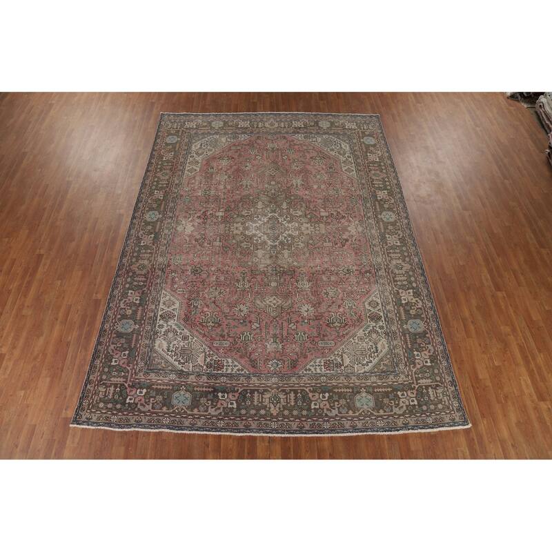 Distressed Pink Tabriz Vintage Persian Rug Hand-Knotted Wool Carpet - 9'2" x 12'8"