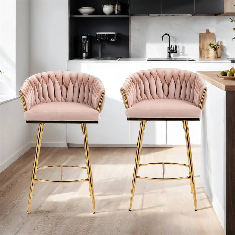 Velvet Counter Height Bar Stools with Legs and Footrest,Set of 2