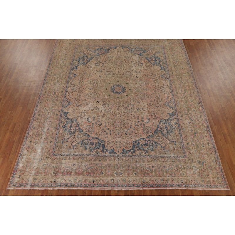 Distressed Pink Mashad Persian Antique Rug Hand-Knotted Wool Carpet - 9'8" x 12'5"