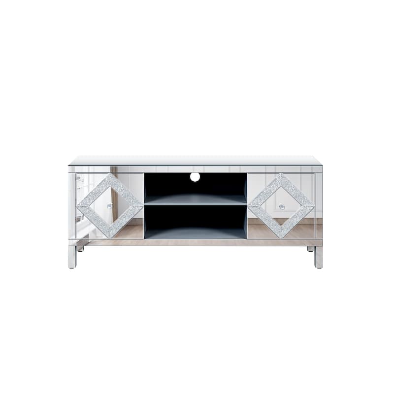 59" TV Stand with Diamond Shape Sparkling Mirror Doors, Open Storage and 2 Storage Cabinets for TVs Up to 65"