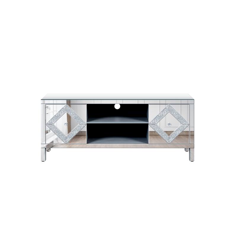 Mirrored TV Stand for 65+ inch TV,Sliver TV Console Table with Open Storage & 2 Storage Cabinets for Living Room
