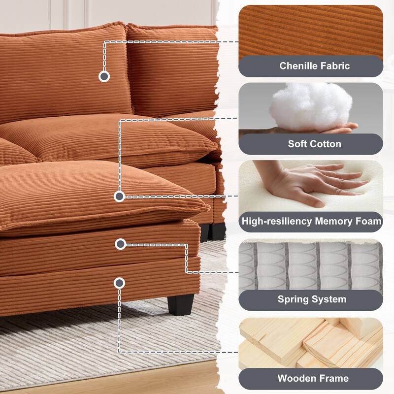 Oversized Modular Sectional Sofa with Ottoman, 102 Inch 4 Seat Corduroy L Shaped Couch for Living Room