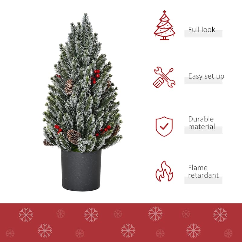 18" Mini Tabletop Xmas Pinecones Tree with Flocked Design and 170 Tips Red Berry for Decorations - 10.75"Dia x 18.5" H