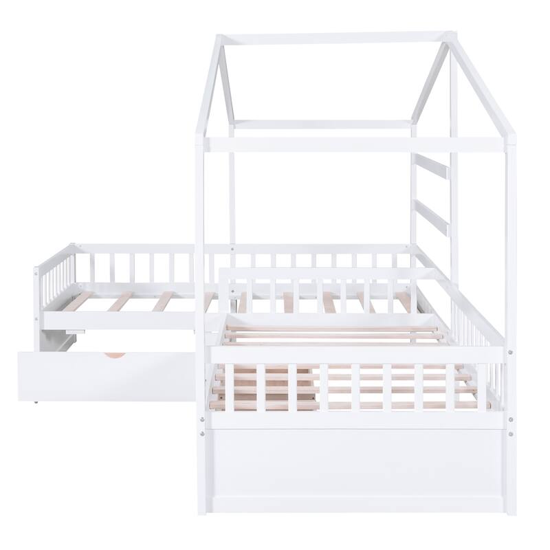 Double Twin L-Shaped House Platform Bed with Drawers and Guardrail