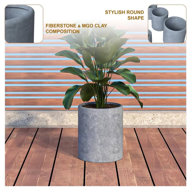 Tundra Series Round Fiberstone Planter - Modern 14"-30" Large Pot with Drainage - All-Weather Indoor/Outdoor Garden Planter
