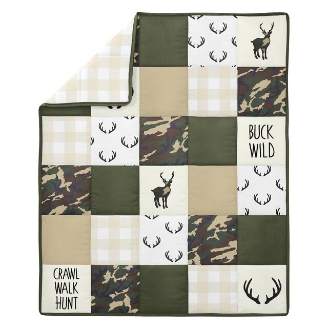 Sweet Jojo Designs Green Beige Deer Buffalo Plaid Check Woodland Camo Camouflage Collection Boy 4-piece Crib Bedding Set
