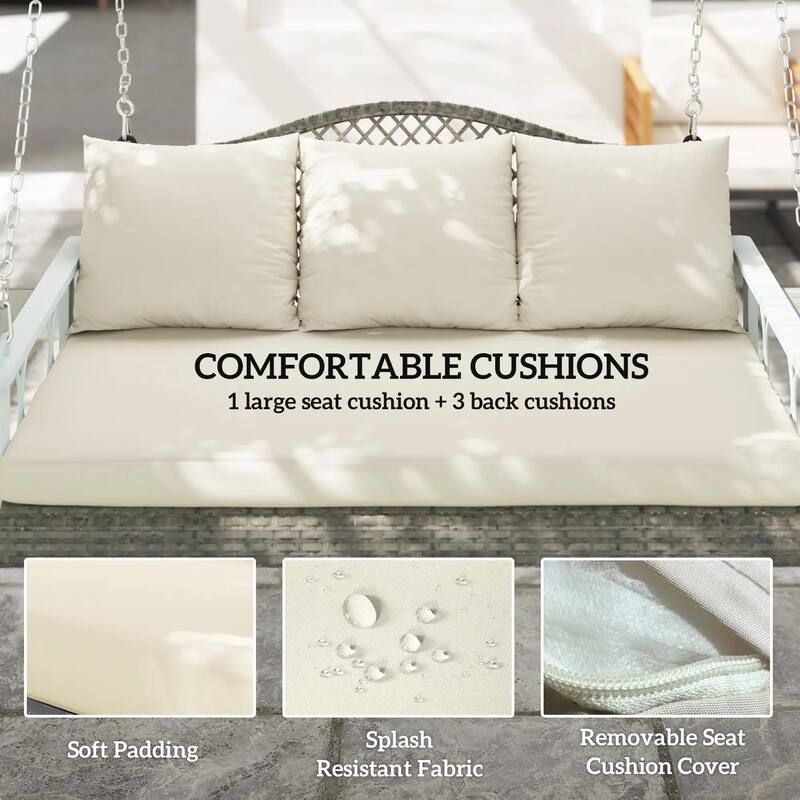 3-Person Wicker Porch Swing, Cushions, Cup Holders, Hanging Chains