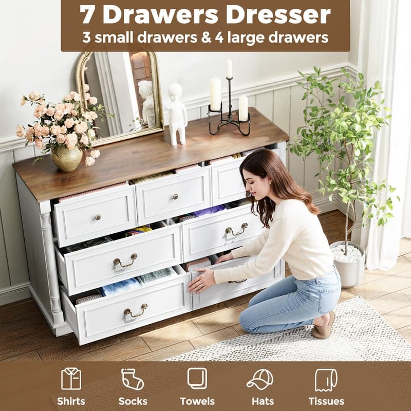 7-Drawer White Modern Dresser, 52" White Wooden Storage Dresser for Bedroom